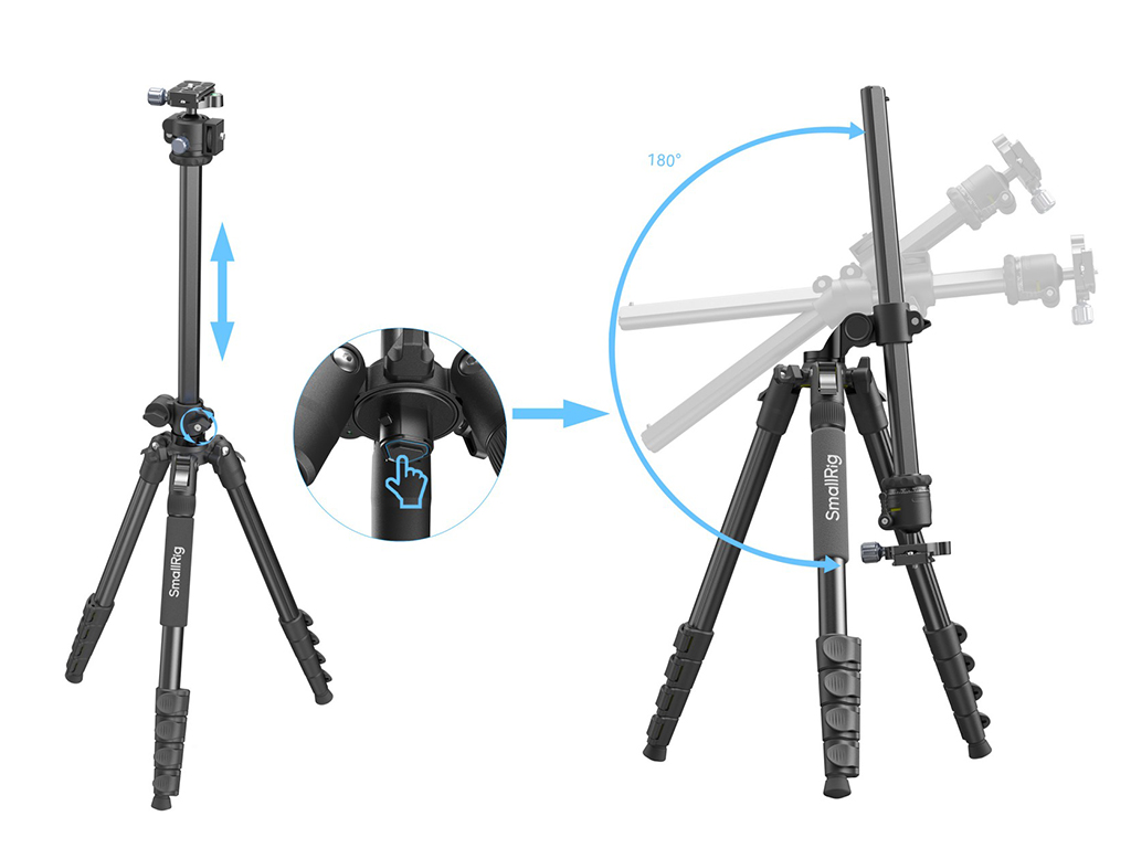 SmallRig 5290 CT25 Yatay ve Dikey 10kg Taşıma Kapasiteli Fotoğraf Tripodu 164cm Maksimum Uzunluk